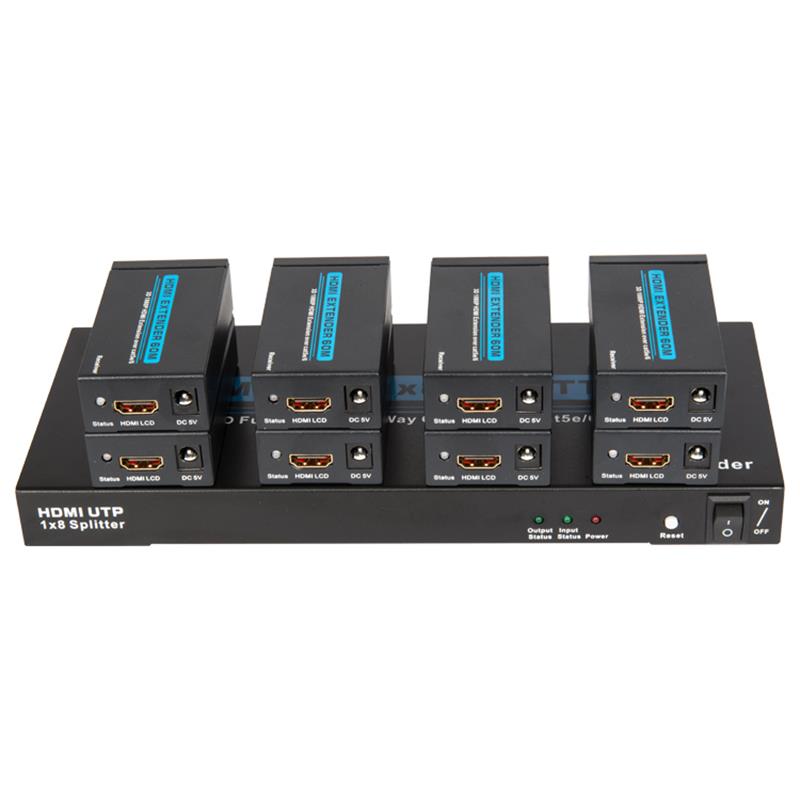 8 portos HDMI UTP 1x8 elosztó egyetlen Cat5e \/ 6 felett, 8 vevőkészülékkel, 60 m-ig